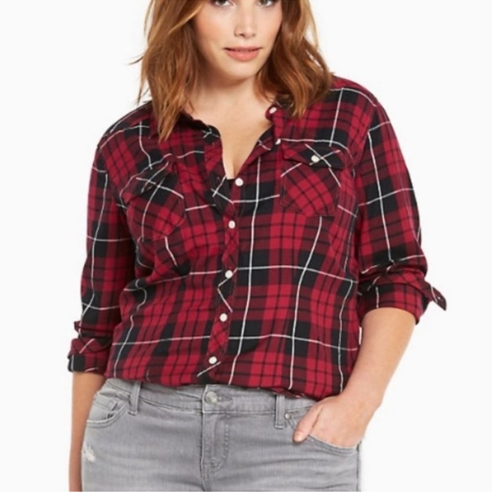 Torrid Plus Size Red Plaid Flannel Button-Front Shirt